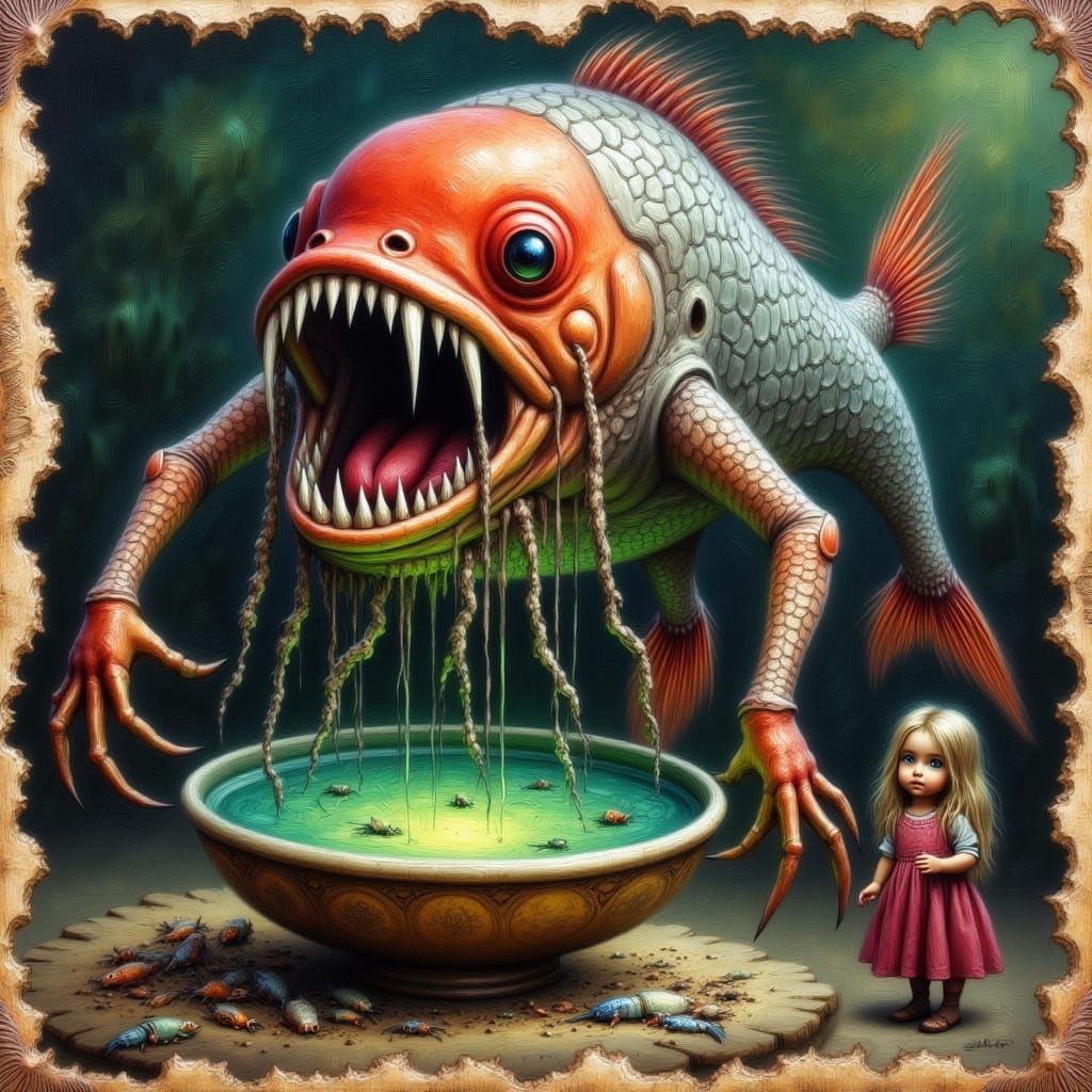 Surreal Fish Creature Emerging From Soup Bowl
