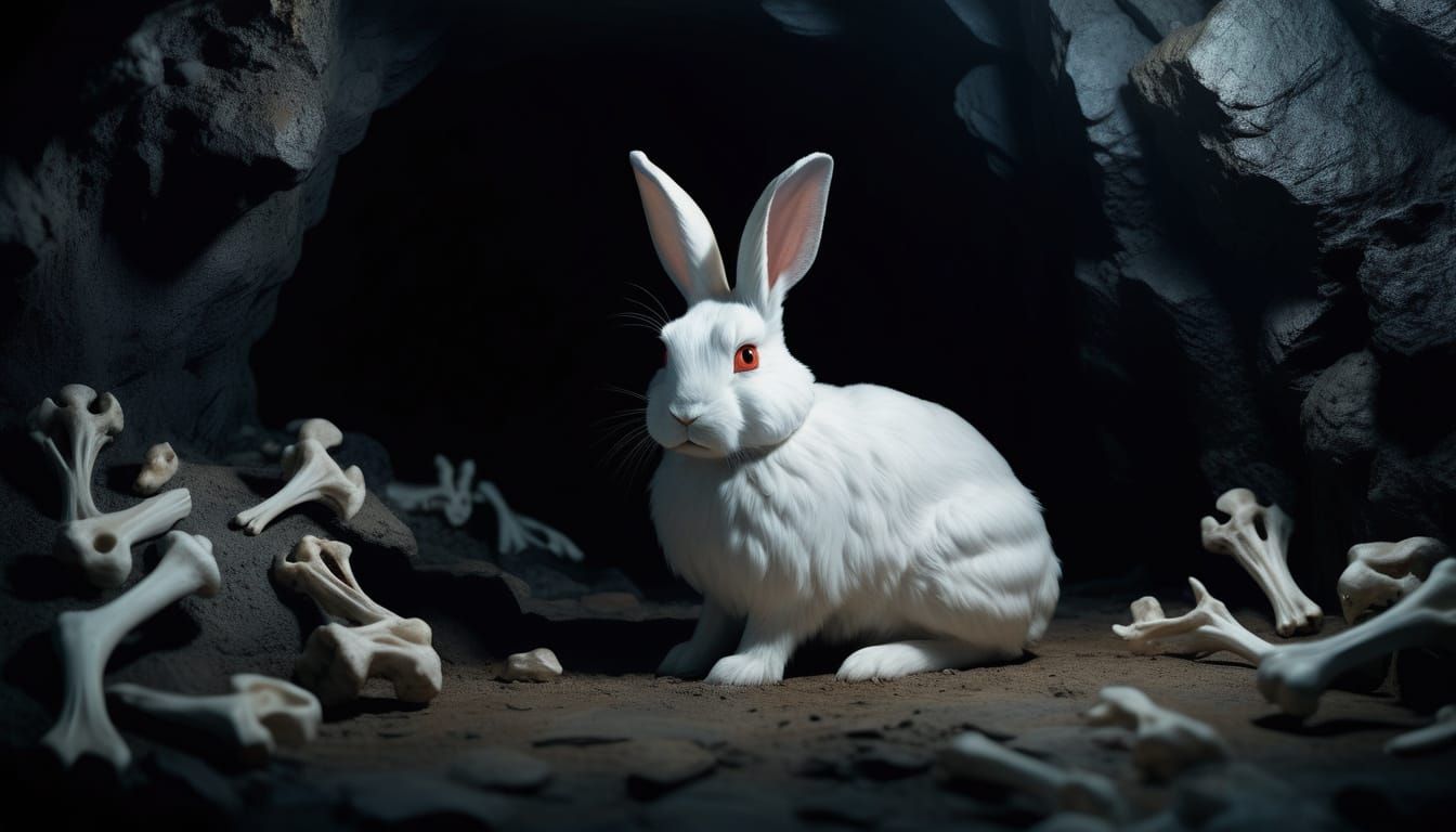 Surreal White Rabbit in Eerie Cave Oil Painting