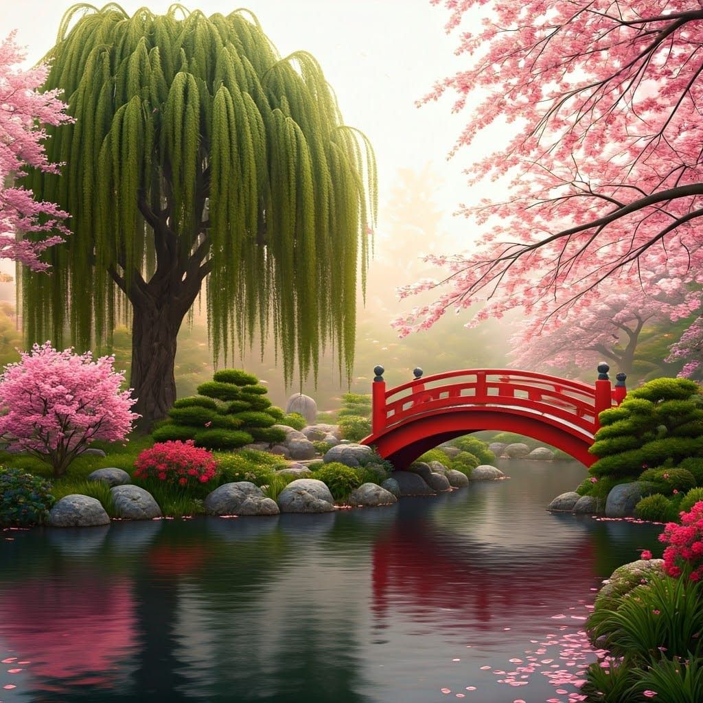 Surreal Japanese Garden Landscape with Weeping Willow and Ch...