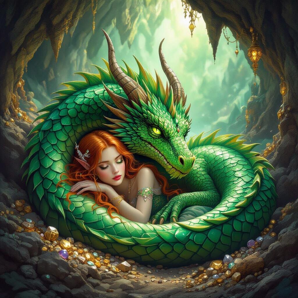 Emerald Dragon Sleeps With Elf Amidst Gem Hoard