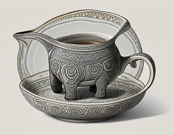 Whimsical Elephant Balances on Teacup in Delicate Ink Illust...