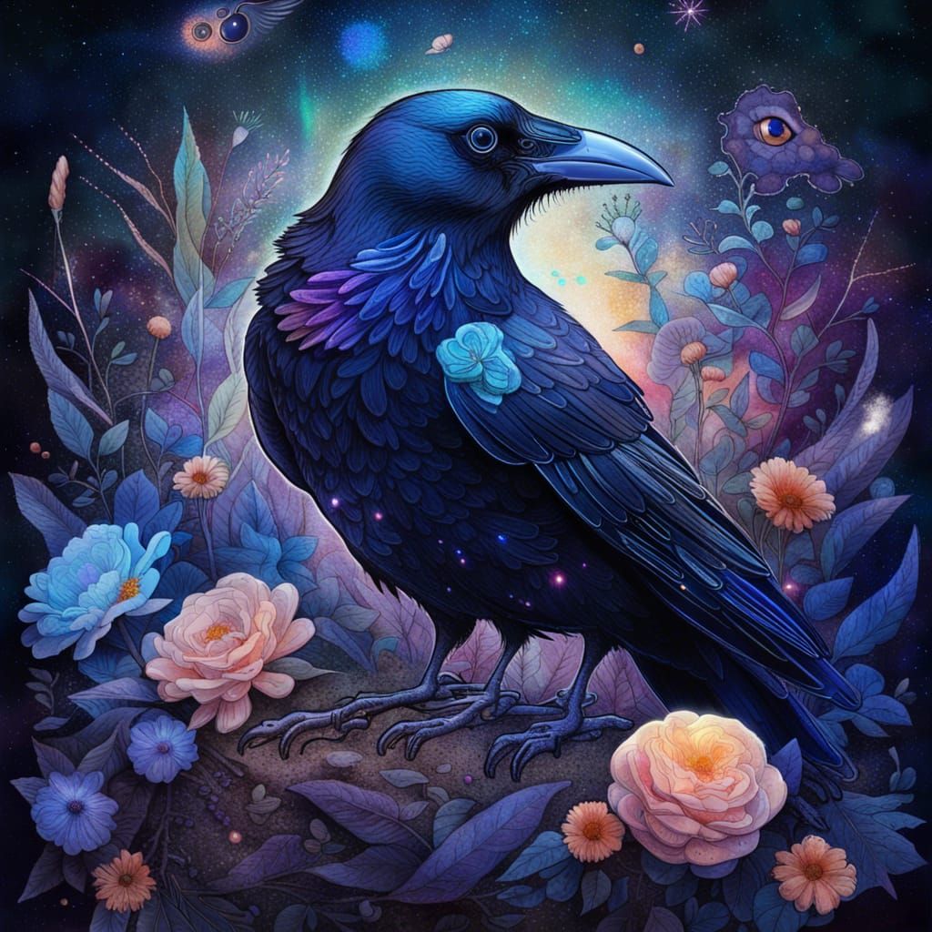 Sapphire Crow with Floral Rabbit, Holographic Illustration
