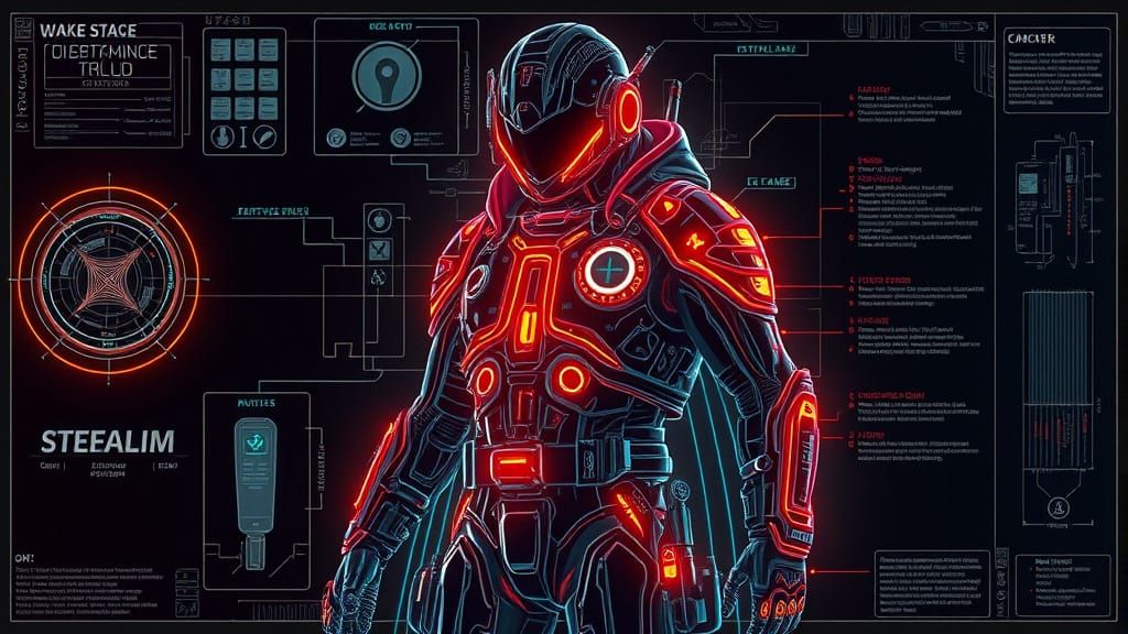 Retro-Futuristic Stealth Suit Technical Diagram
