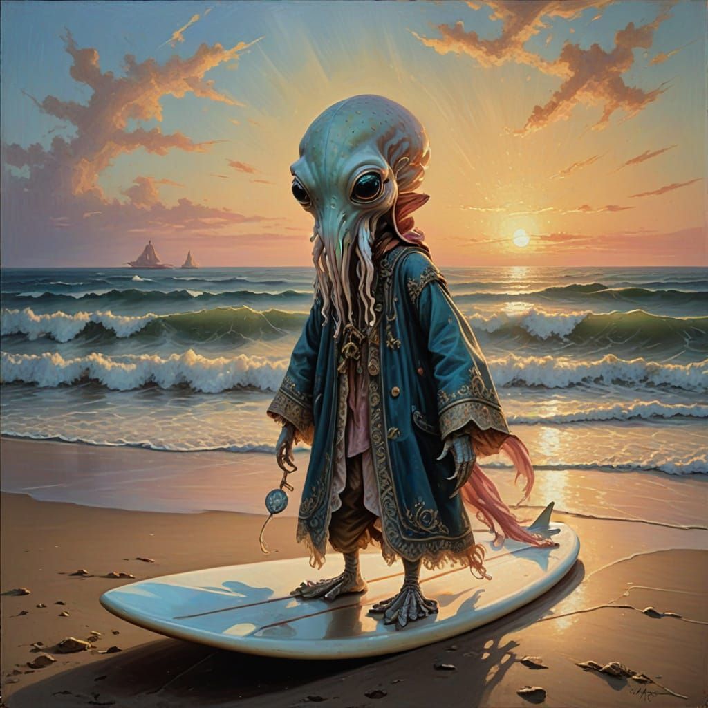 Squid Alien Surfer Rides Beach at Sunrise in Whimsical Rococ...