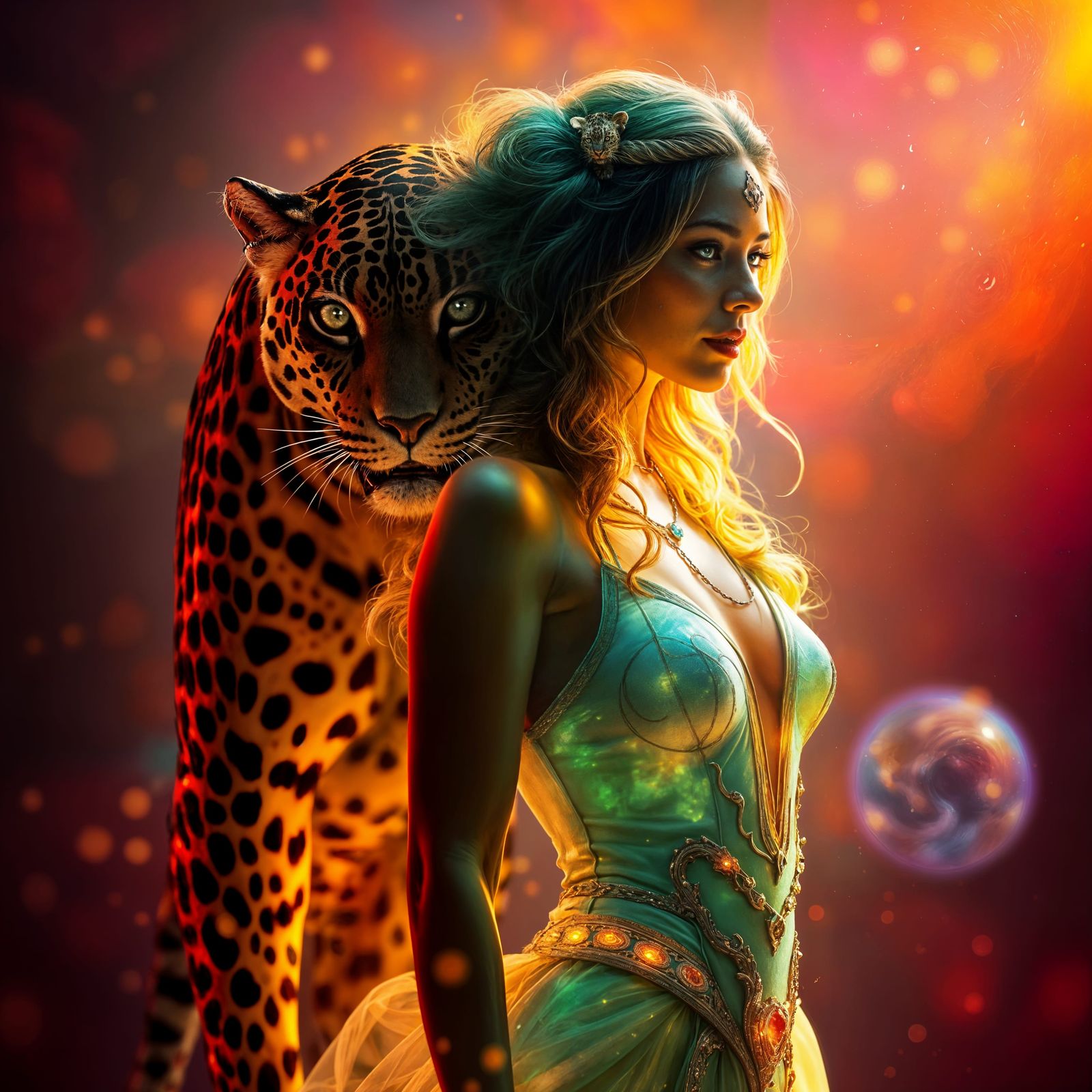 Mystical Woman Meets Majestic Jaguar in Vibrant Hyperrealist...