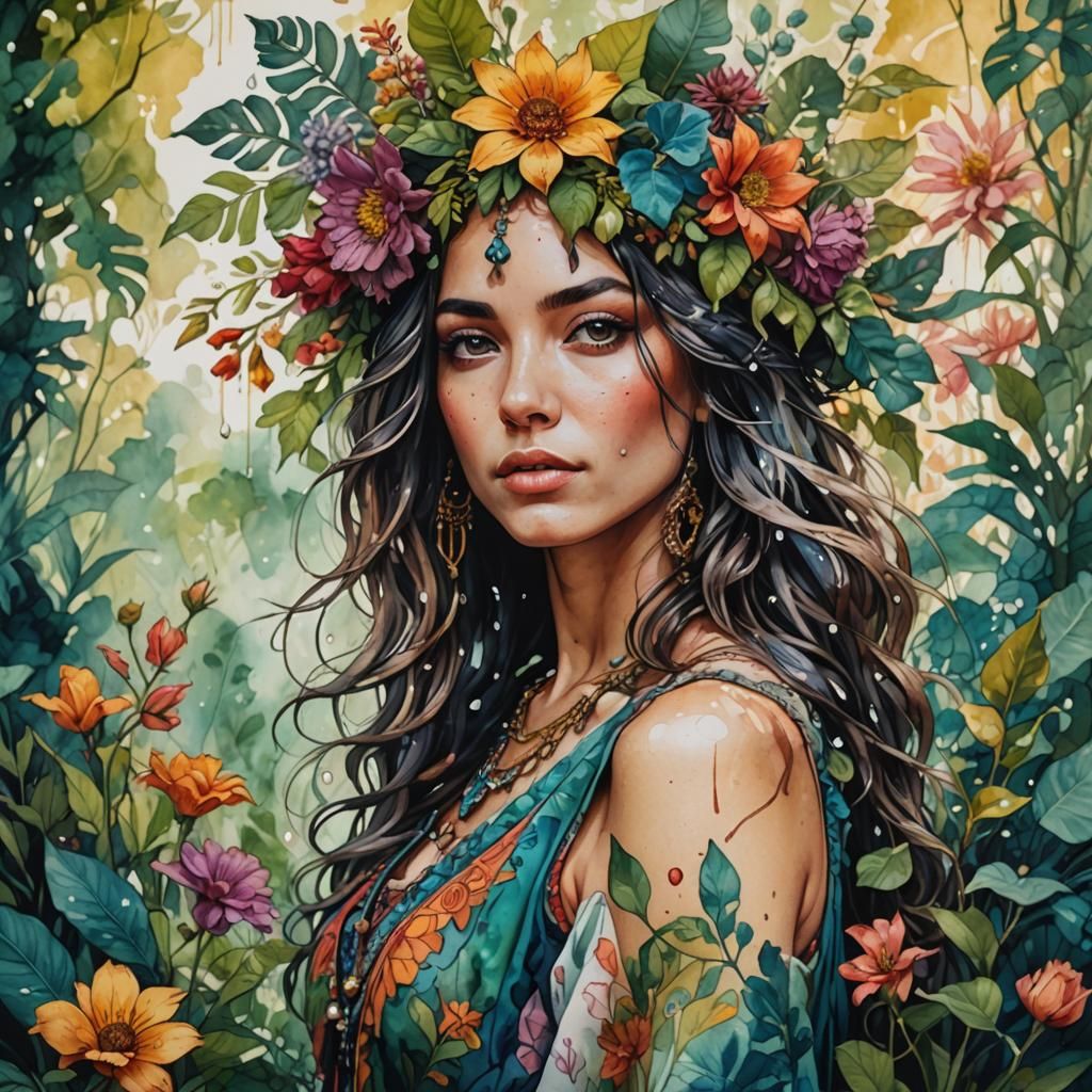 Bohemian Woman in Garden: Wet Ink Illustration