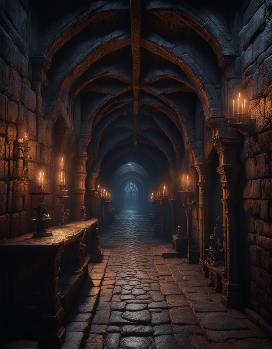 Sinister Medieval Dungeon Hallway in Detailed Matte Painting