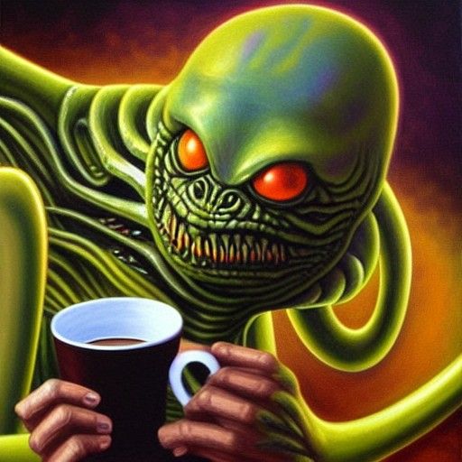 Alien Monster Coffee Break: Oil Painting