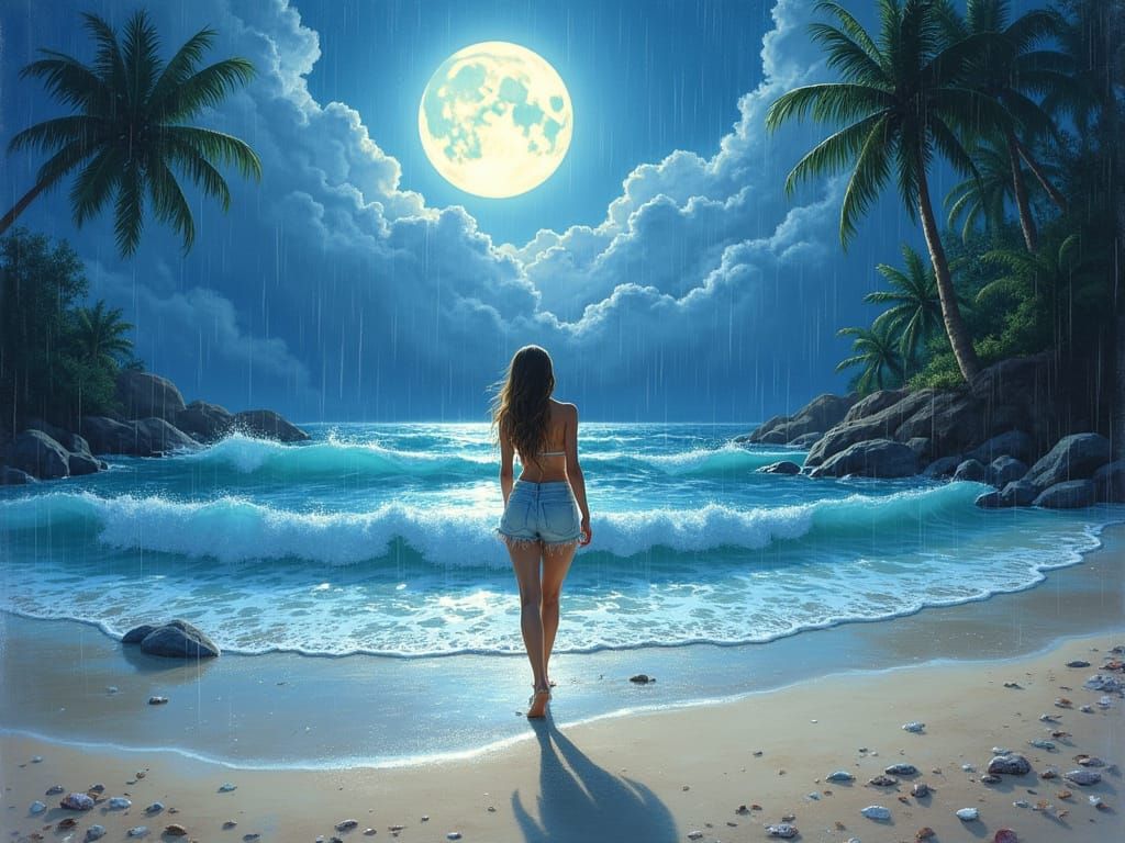 hard pouring rain beautiful woman strolling on a tropical be...