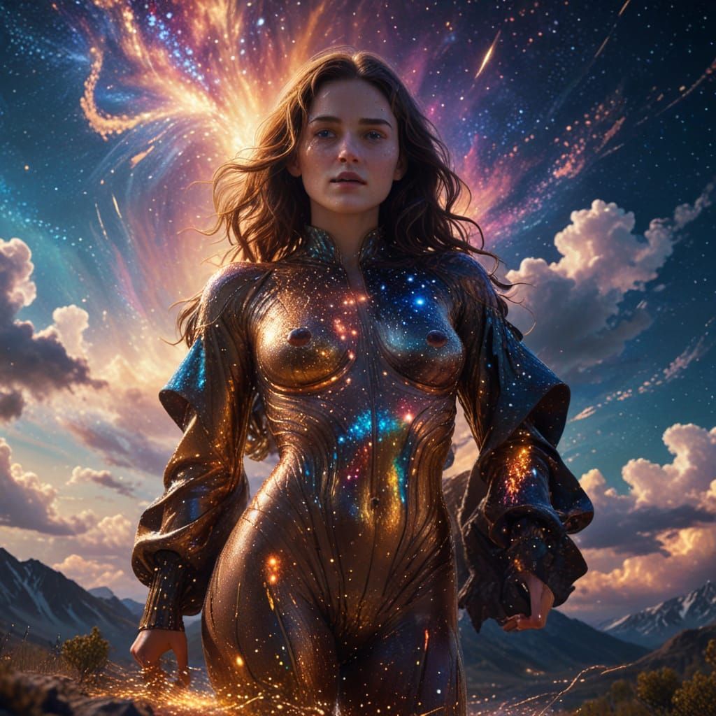 Ethereal Woman Illuminated by Starlight in a Vibrant Celesti...