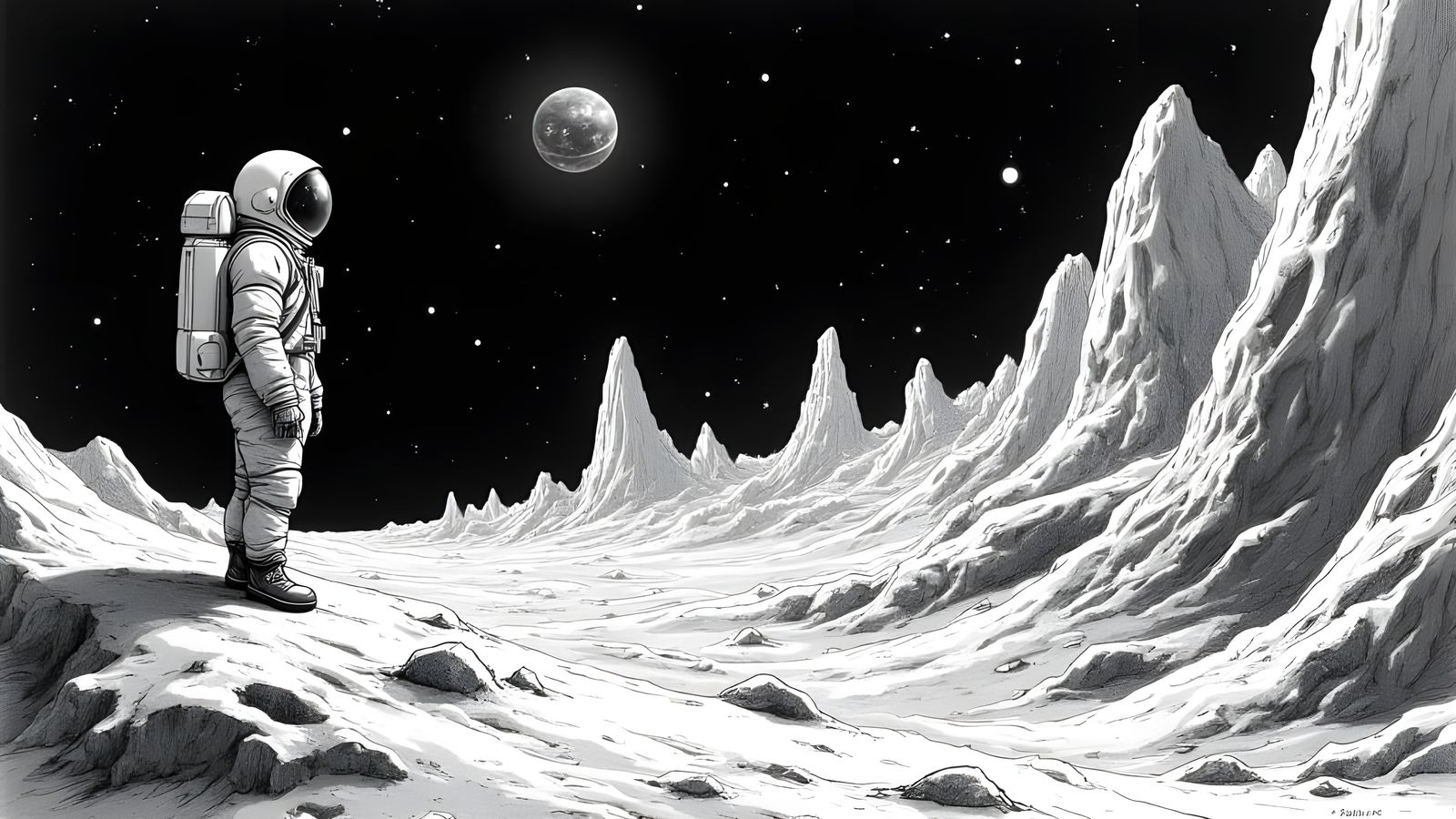 Astronaut on Alien Moon: Scratchboard Illustration