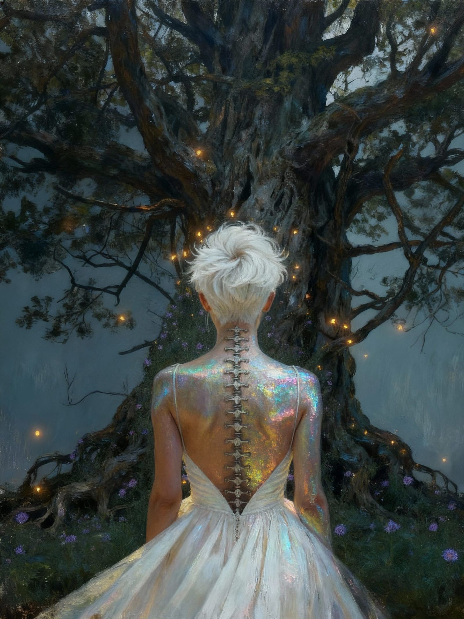 A colossal, ancient tree behind woman. Tiny, glowing sprites...