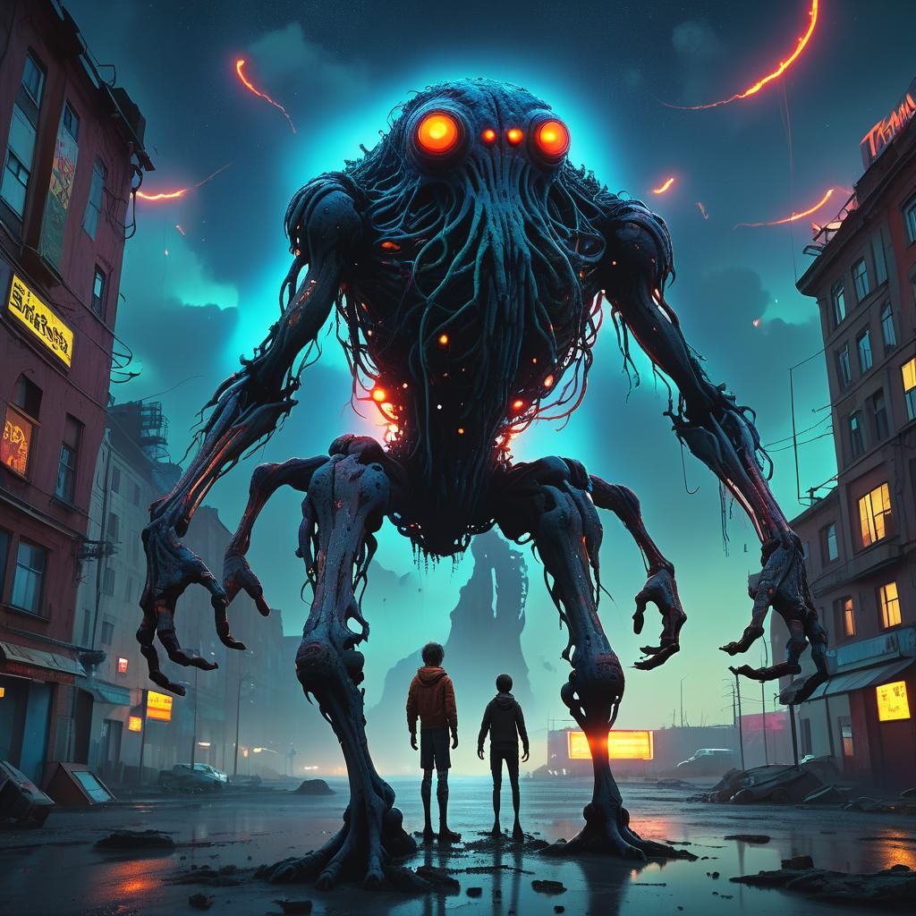 Deformed Creature in Surreal Celestial Landscape