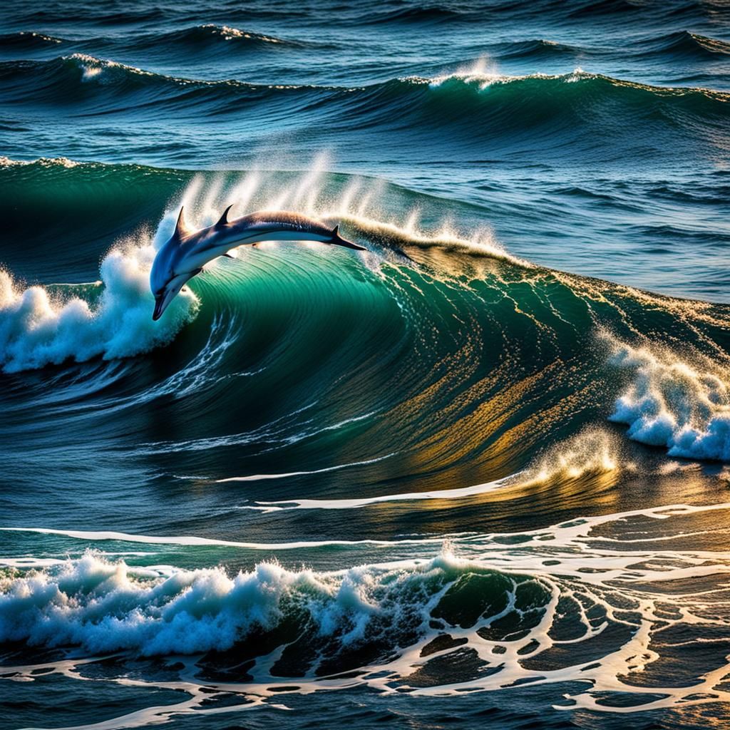 Gold Filigree Dolphin Swimming in Ocean Waves