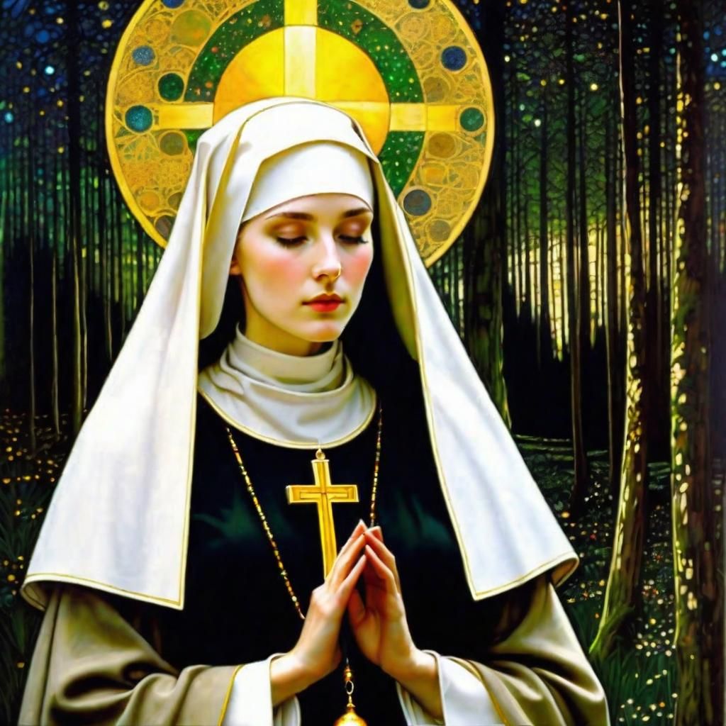 Medieval Nun in Forest, Klimt-Style Matte Painting