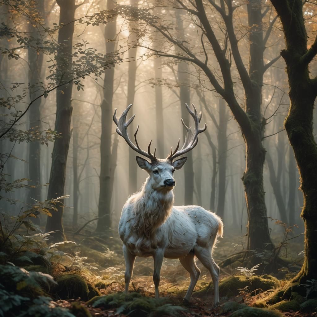 White Stag in Forest: Mystical Realism, 8K