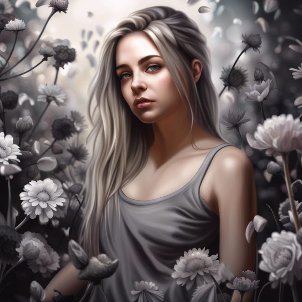 Girl in Dying Garden: Hyperrealistic Splash Art