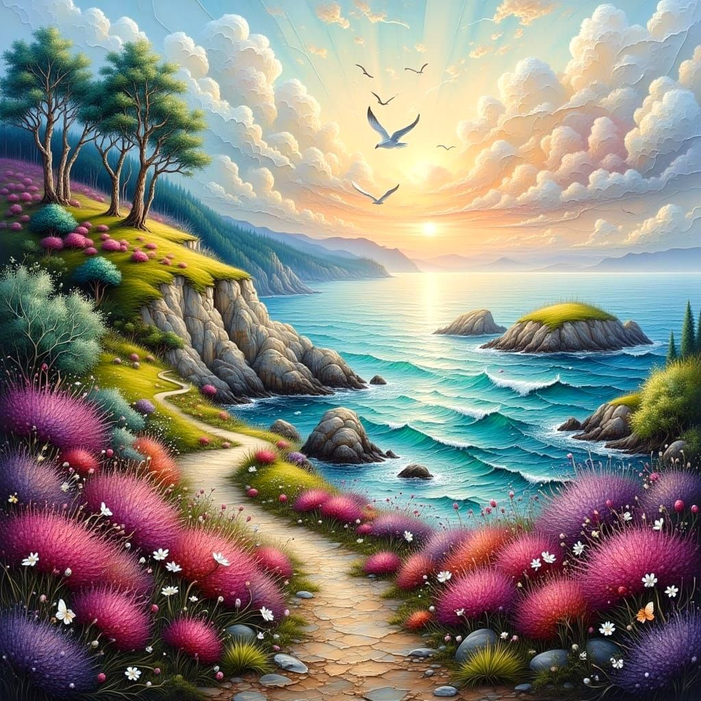 Fantasy Coastal Landscape with Heather Cliffs as Impasto Pai...