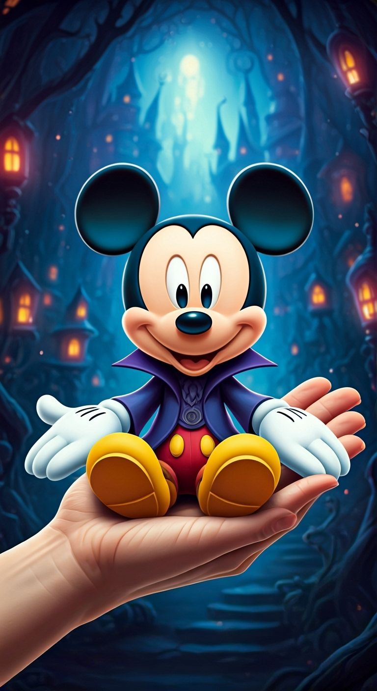 Mini Mickey Mouse in Halloween Costume on Hand