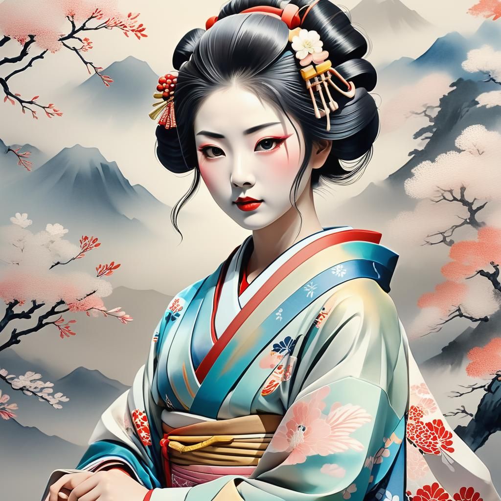 Geisha in Kimono: Ukiyo-e Inspired 3D Anime Art