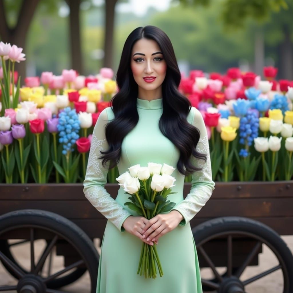 Vietnamese Woman at Flower Market, Matte Painting