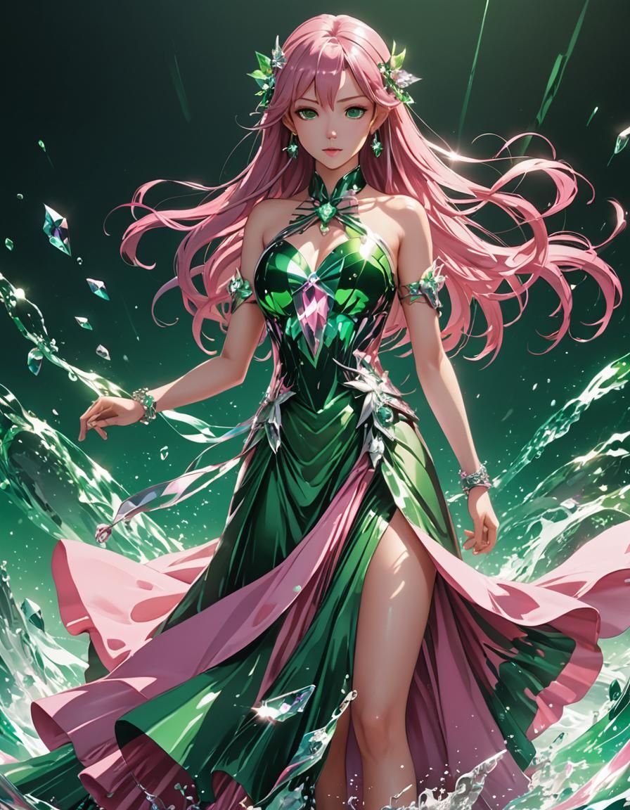 Pink and Green Water Dress in Anime Style