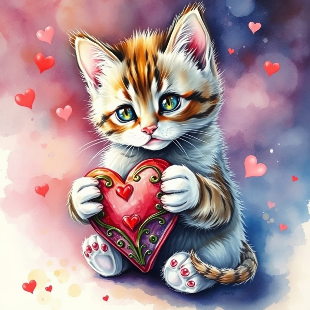 Dreamy Kitten Valentine in Impasto Watercolor Style