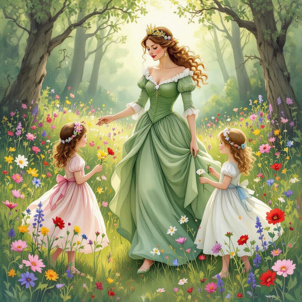 Flower Queen Teaching Daughters in Lush Forest