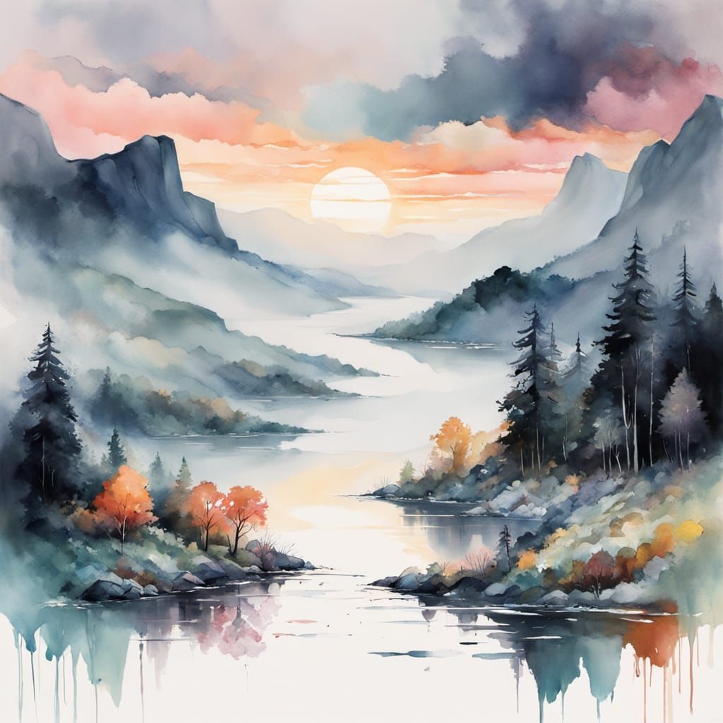 Dreamy Sunrise Landscape as Watercolor and Oil Painting
