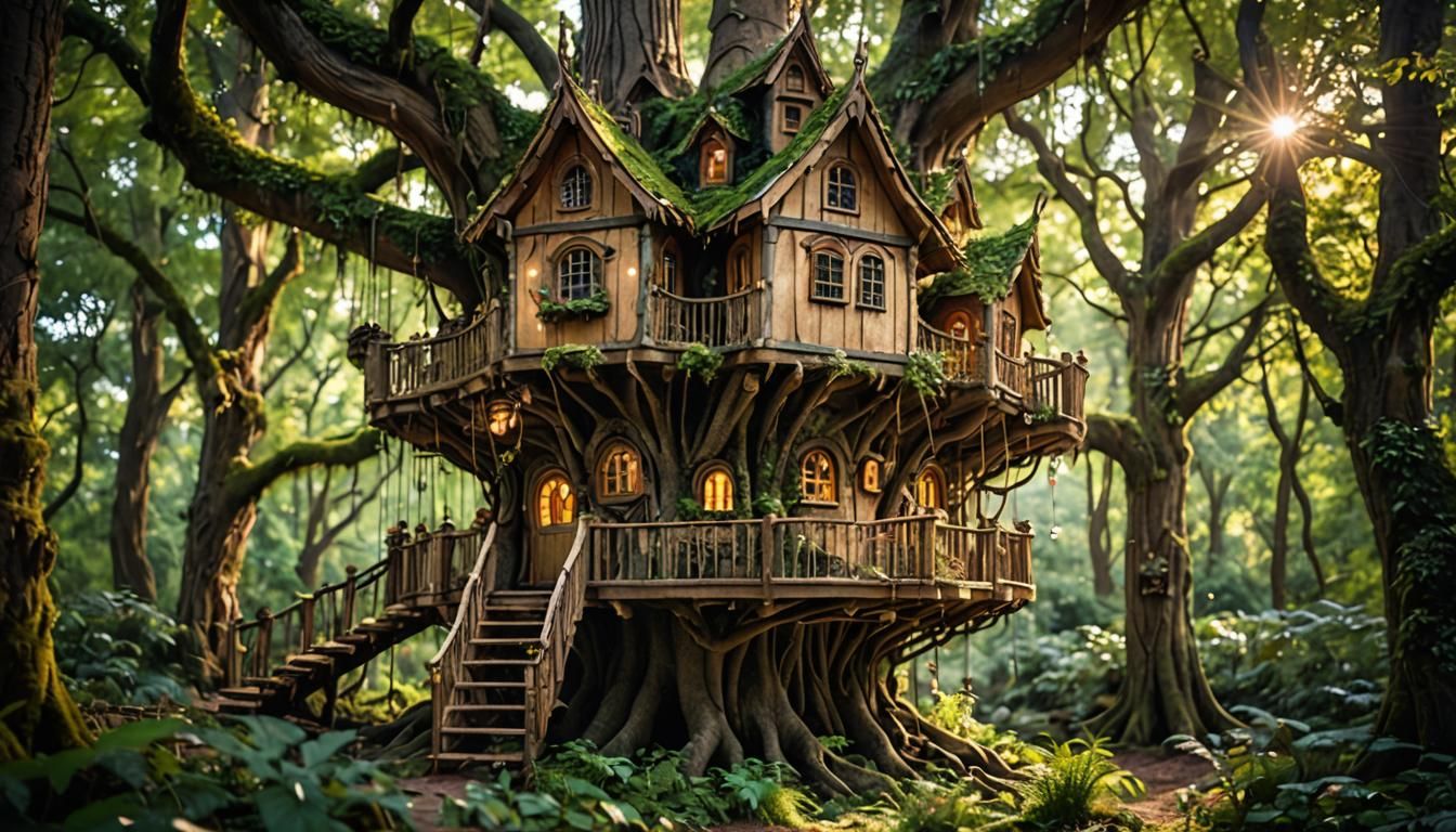 Enchanting Fairy Treehouse in Forest, Professional Photograp...