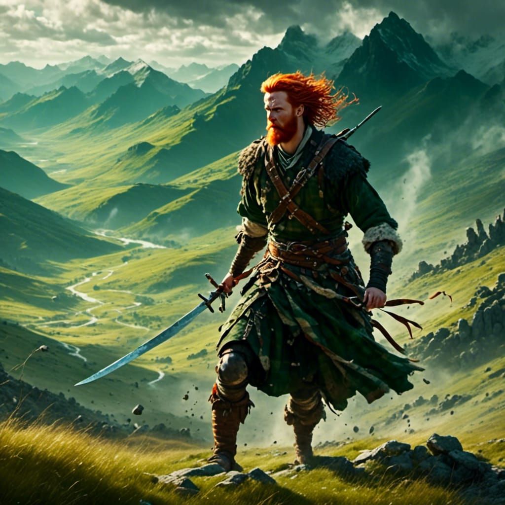 Scottish Highlander Swinging Claymore in Misty Hills