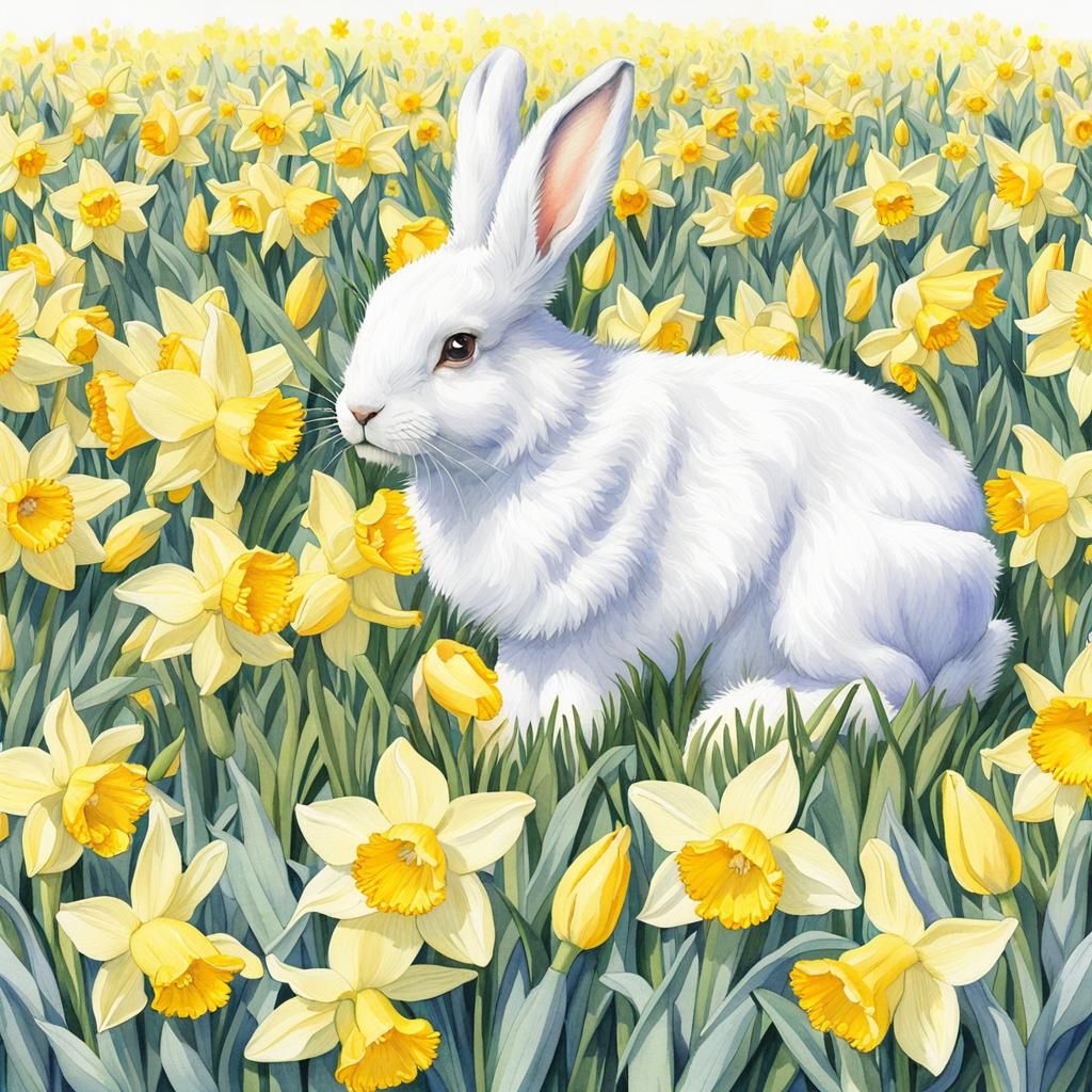 Rabbits Playing in Daffodils: Realistic Watercolor Painting