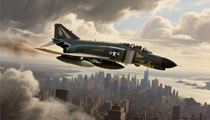 F-4 Phantom Jet Over 1940s NYC, Cinematic Digital Art