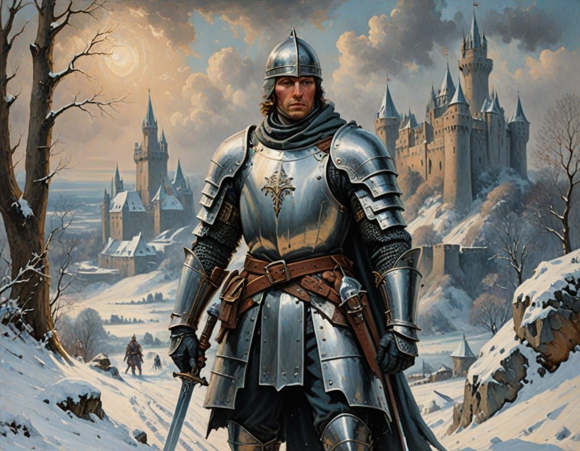 Majestic Knight in Winter Armor Protects Snowy Castle