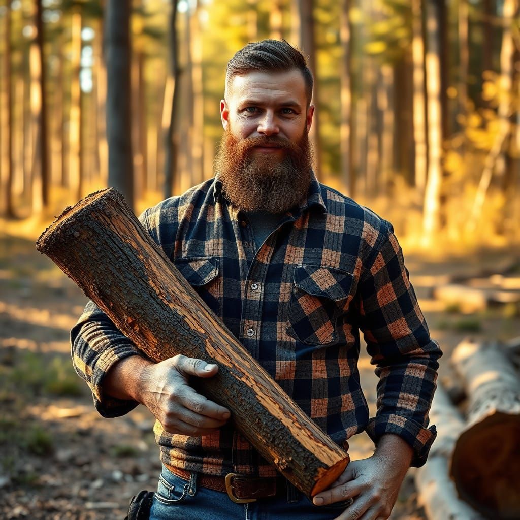 A handsome, rugged lumberjack with a neatly trimmed beard stands proudly in a sun-drenched forest clearing, wearing a fl...