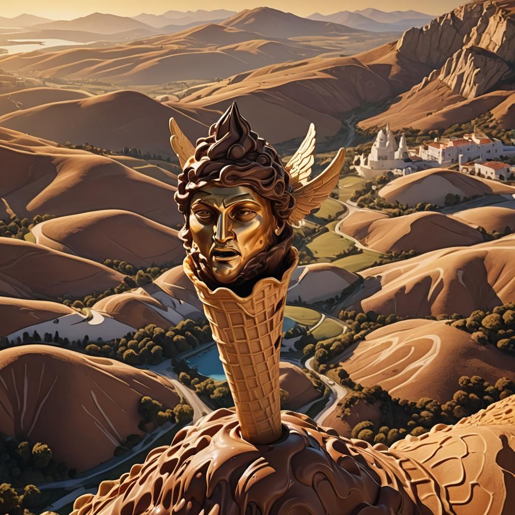 flying waffel cone with chocolate ice cream in a shape of sculpted Greek god head, surreal beige flowy hills landscape b...