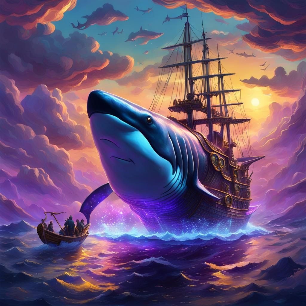 Whale Shark Boat in Sky: Dark Fantasy Art