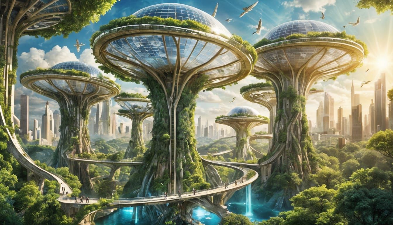 Vibrant Solarpunk Cityscape with Greek Goddess Statue