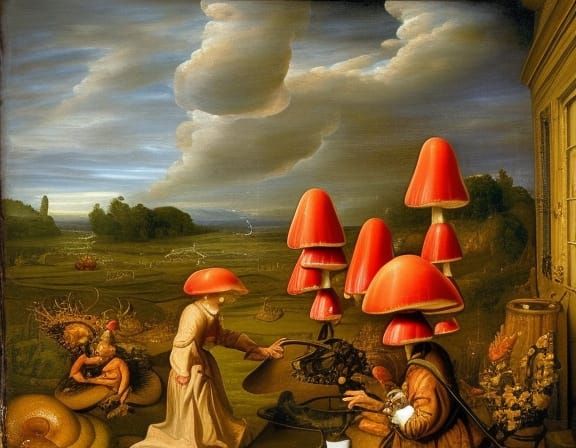 Wizards and Fly Agaric, a Bruegel-esque Scene