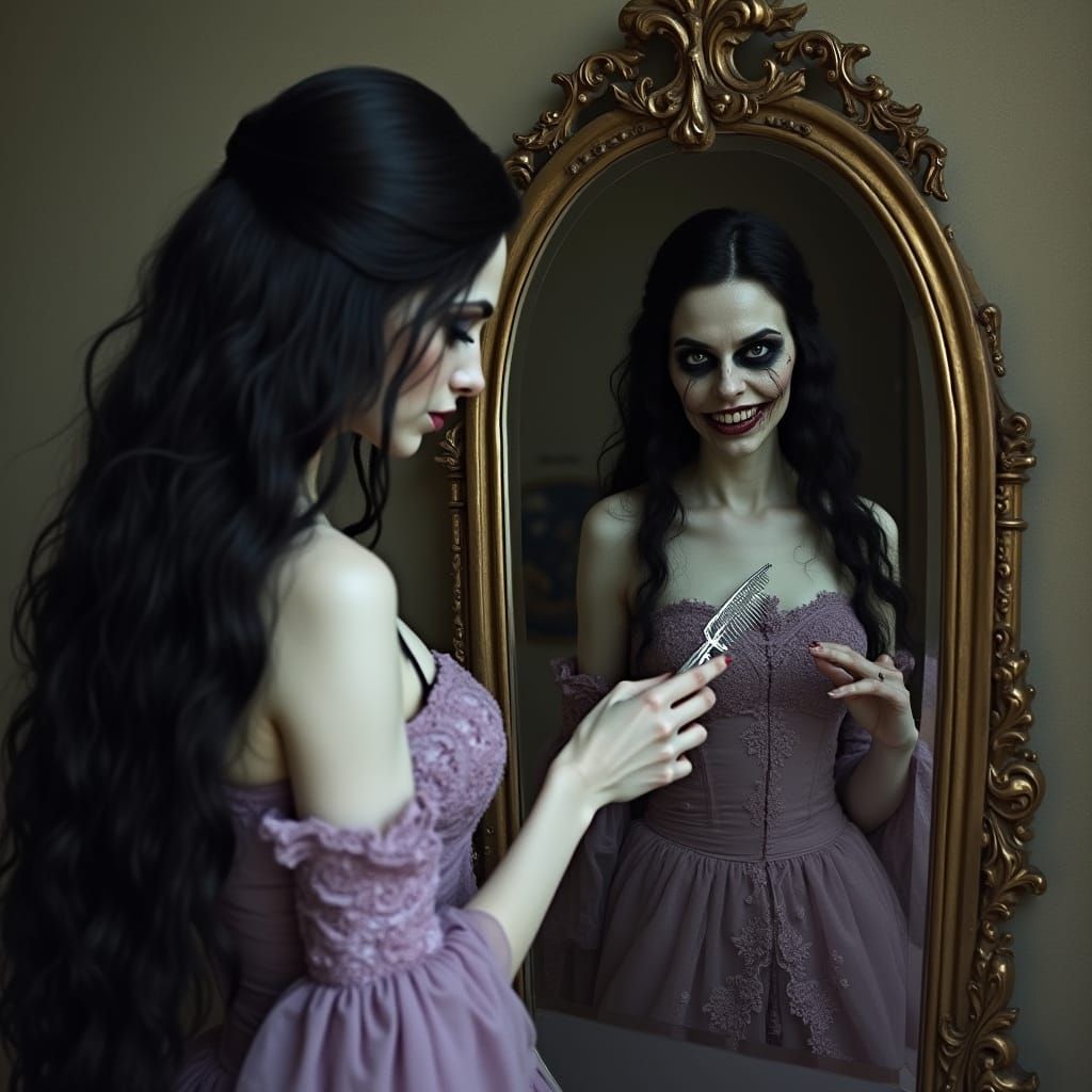 Gothic Woman Faces Horror Witch in Antique Mirror