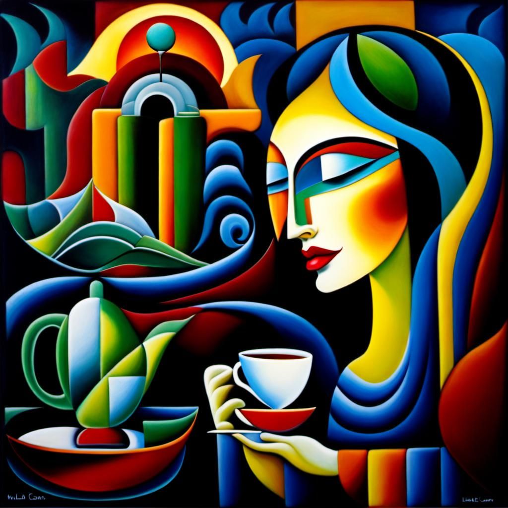 Surreal Enchantress Sipping Tea: Encaustic Painting