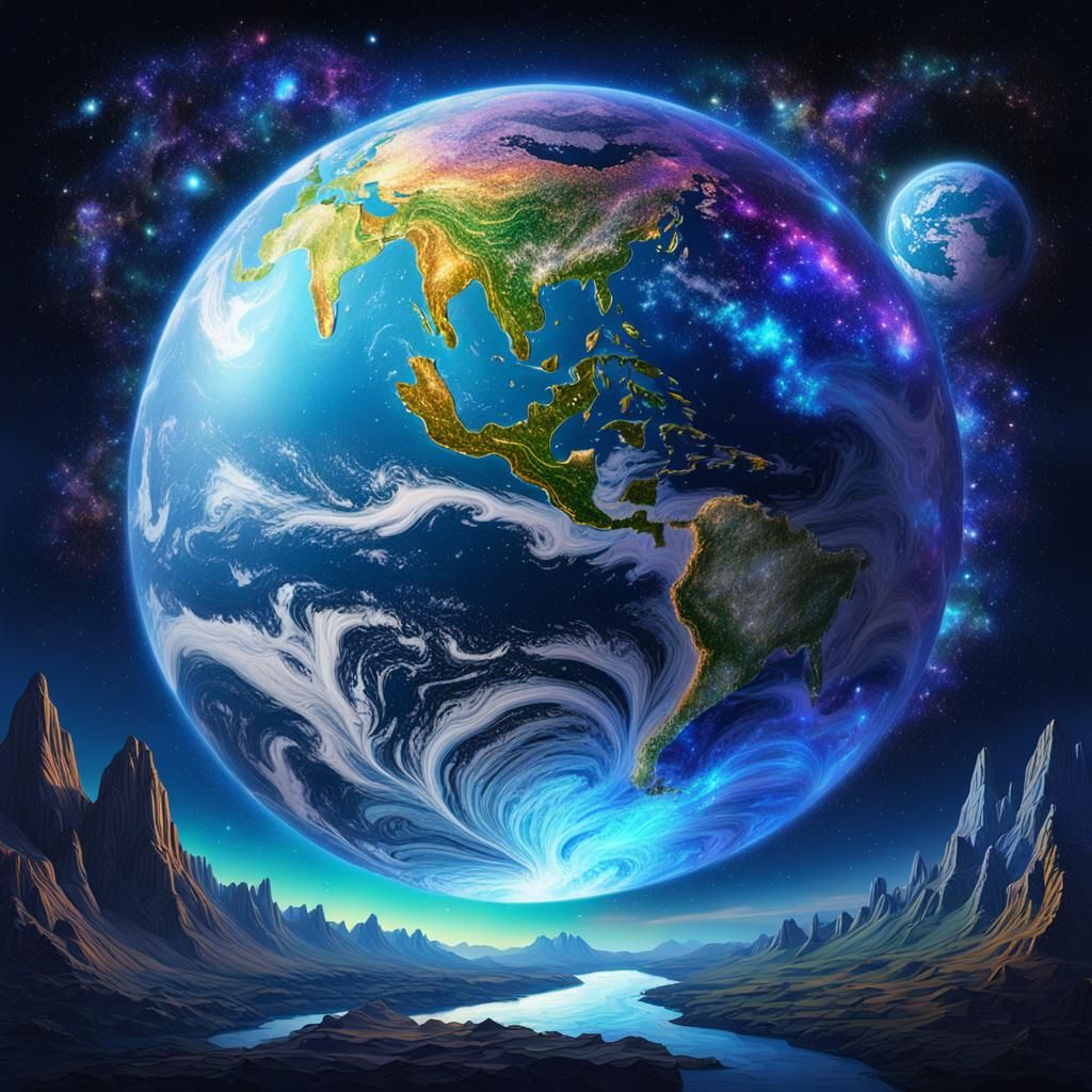 Earth Under Astral Night Sky: Cosmic Illustration