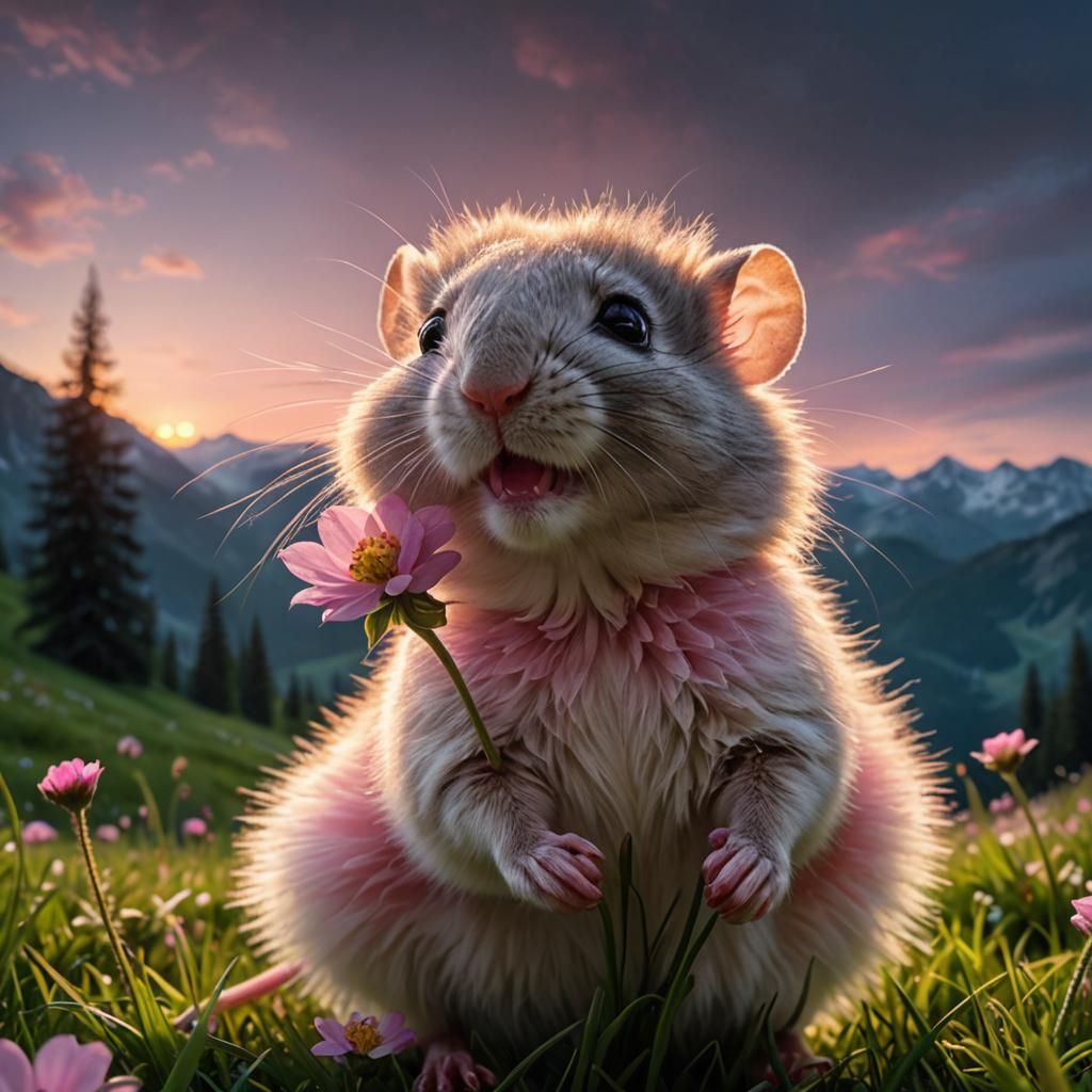 Mouse with Pink Flower in Alpine Meadow