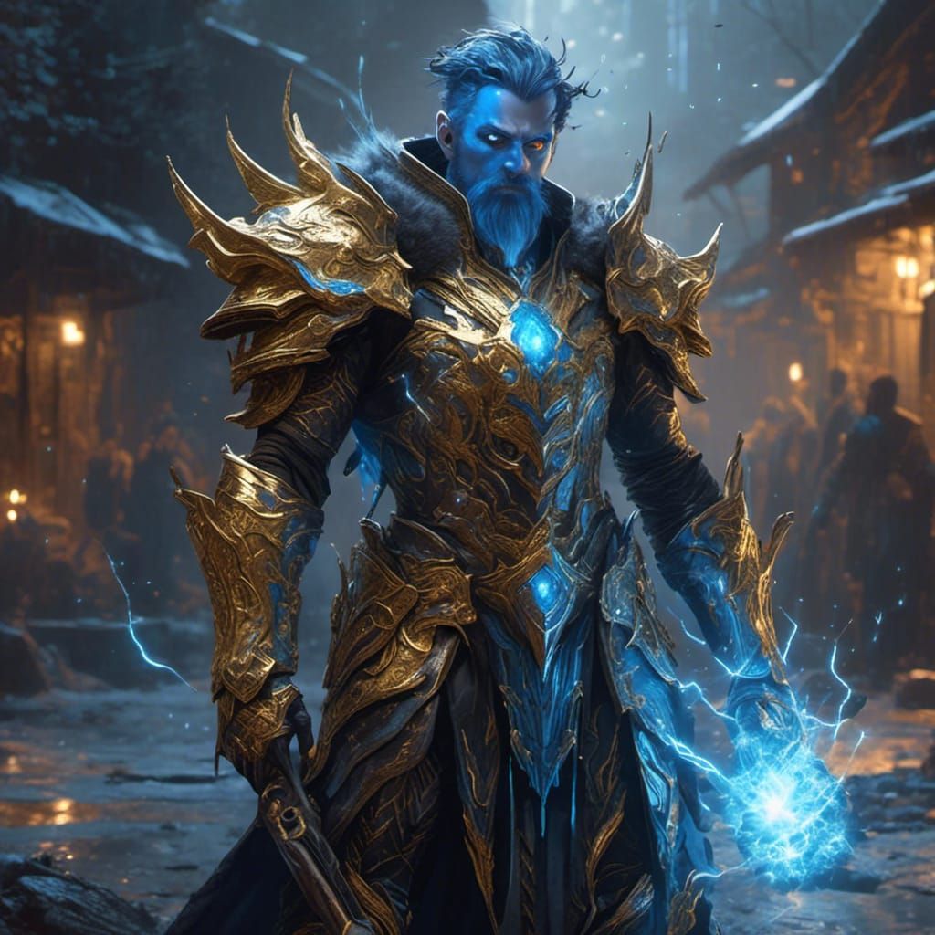 Shadow Elf Cleric in Gold Armor, Electric Hammer