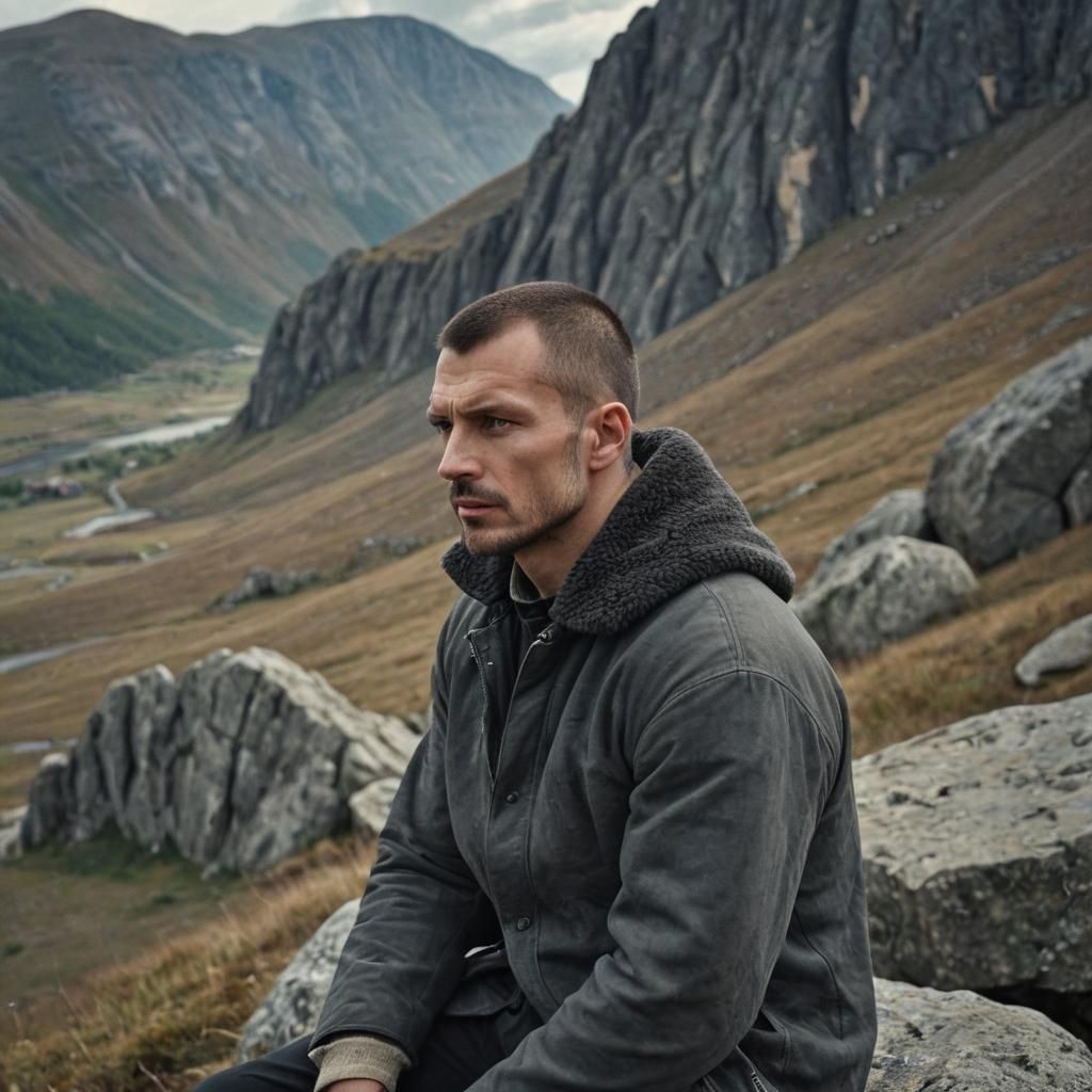 Thoughtful Slavic Man in Mountain Landscape