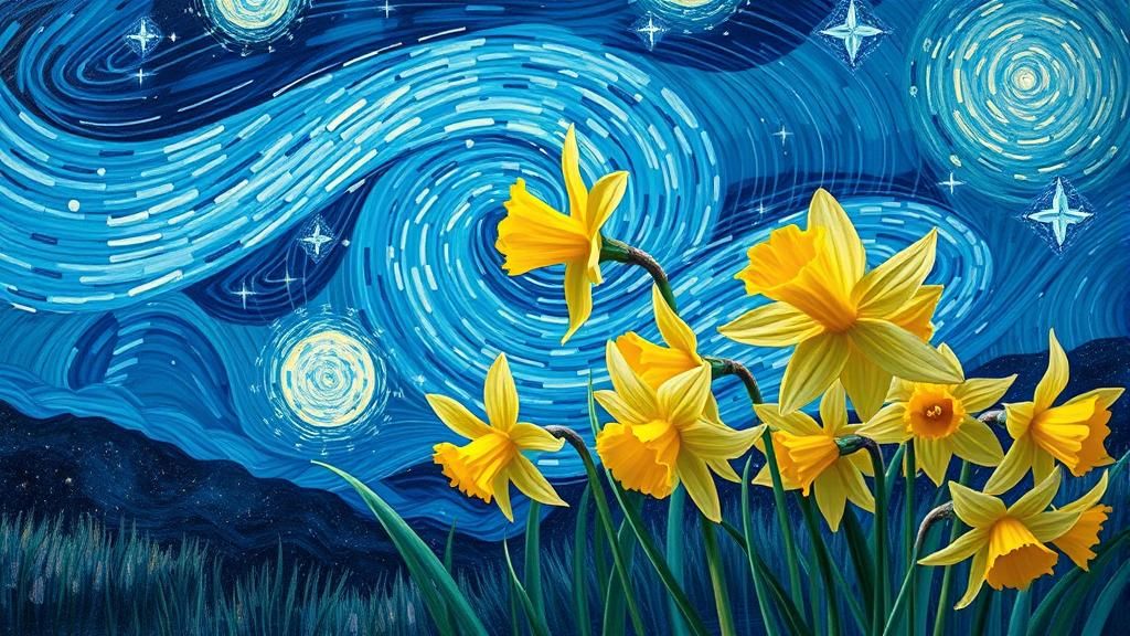 Daffodils in Starry Night Sky: Cosmic Van Gogh Style