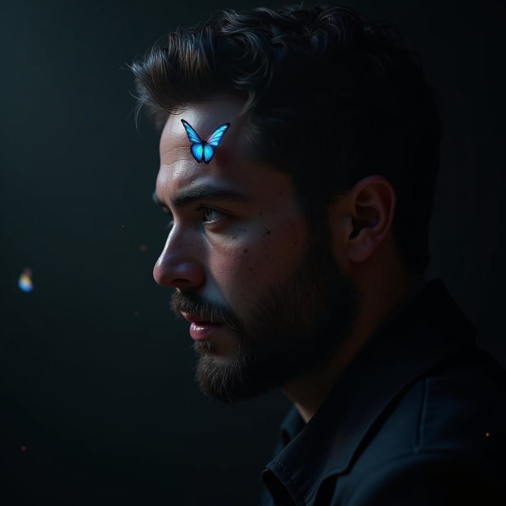 Ethereal Portrait of a Man with Butterflys in Soft Light