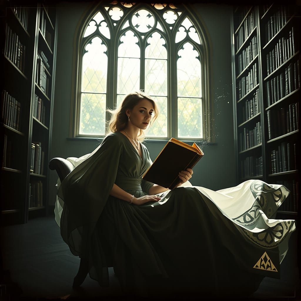 Contemplative Woman in Dark Academia Library