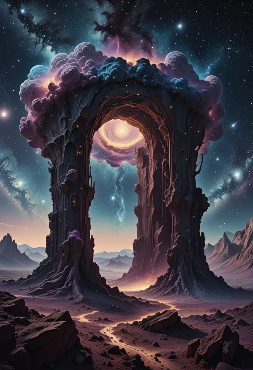 Cosmic Entity Gazes at Desolate Abyss in Surreal Dreamlike S...