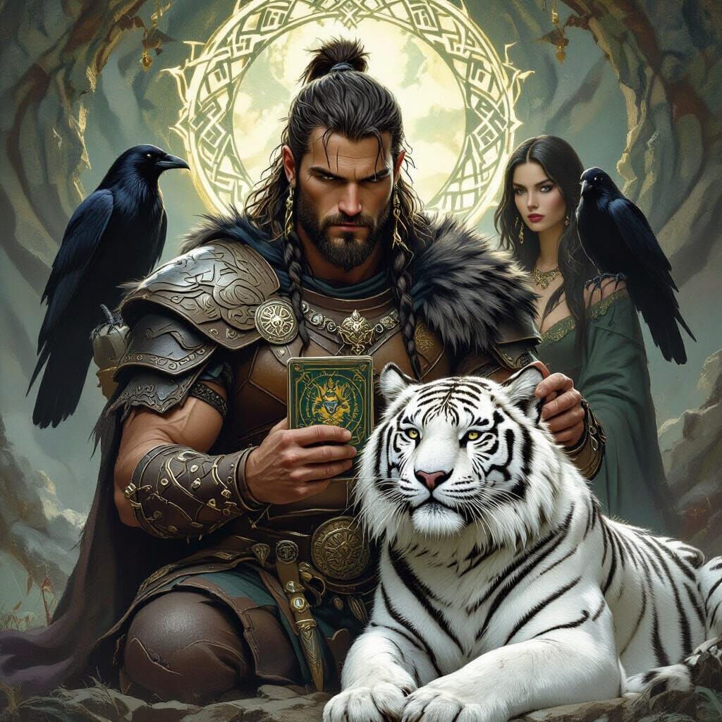Celtic Warrior with Tiger Oracle Deck in Dark Fantasy Style